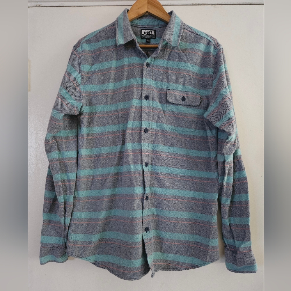 Neff Men's Blue And Grey Striped Button Up Flannel Size Large